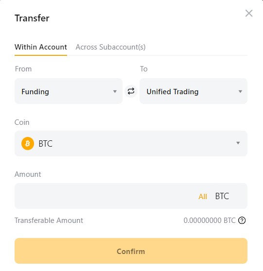 Transfer Bybit van Funding naar Unified Trading Account